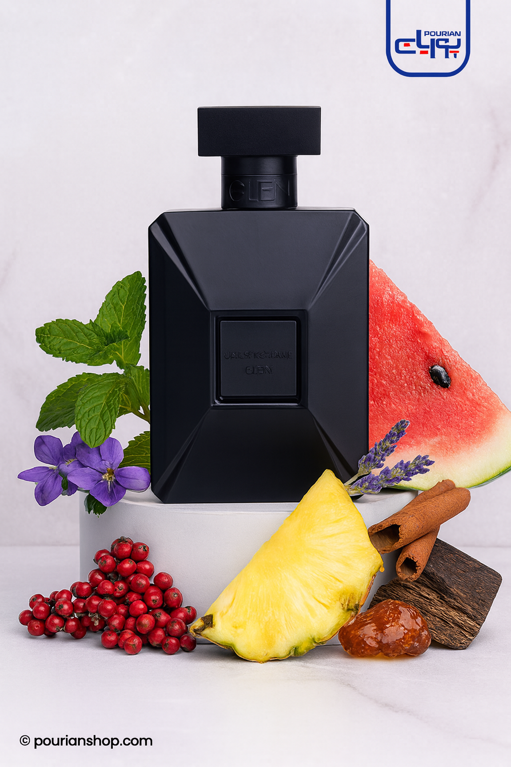 این عطر رو روی یک استند سفید استوانه ای کوتاه قرار بده و عکس نت ها رو بدون متن، کنار و دورش با چیدمان مرتب و شیک بذار و کیفیت 4 k مرتب و شکیل باشه با یک بک گراند روشن و مناسب و متمایز با رنگ بطری ومتن های بالا و پایین پوریان و نوشته روی بطری تغییر نکنه عکس پوستری میخوام